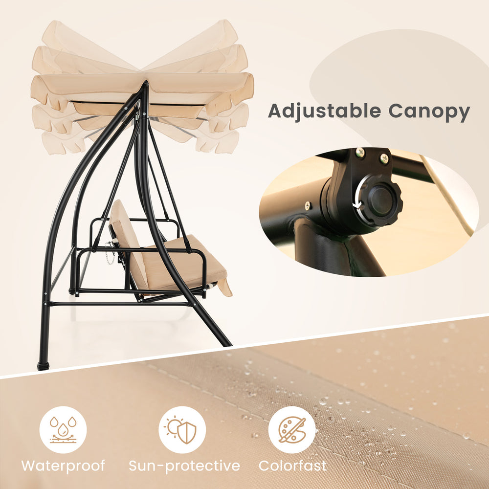 Adjustable canopy 2-seat outdoor convertible swing chair in beige, featuring waterproof fabric and soft padded cushions.