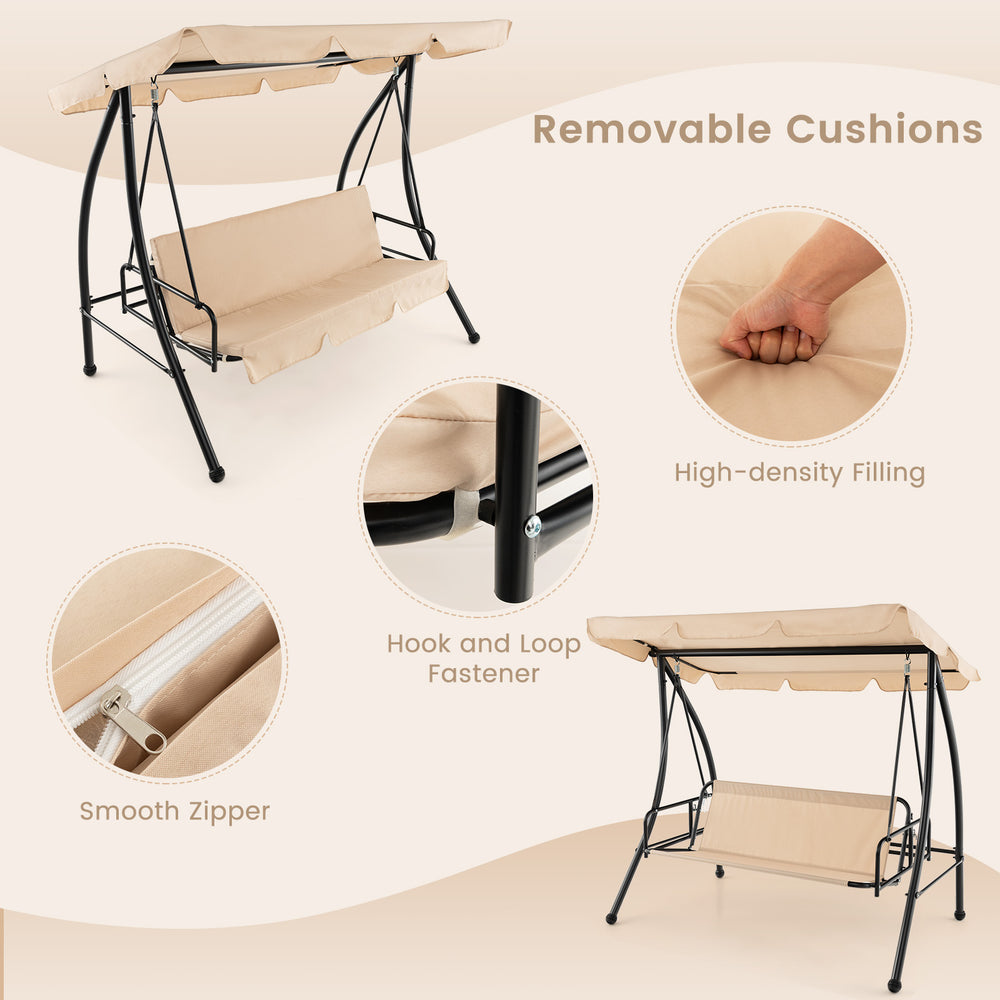 Convertible 2-seat outdoor swing chair in beige with removable cushions and adjustable canopy for garden relaxation.