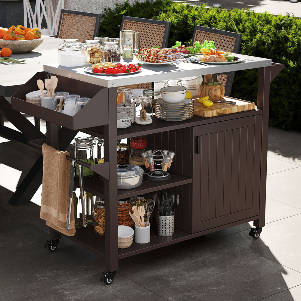 Outdoor grill cart with stainless steel top, brown finish, featuring shelves, cabinet, and ample storage for outdoor.