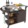 Outdoor grill cart with stainless steel top, brown finish, featuring shelves, cabinet, and ample storage for indoor or.