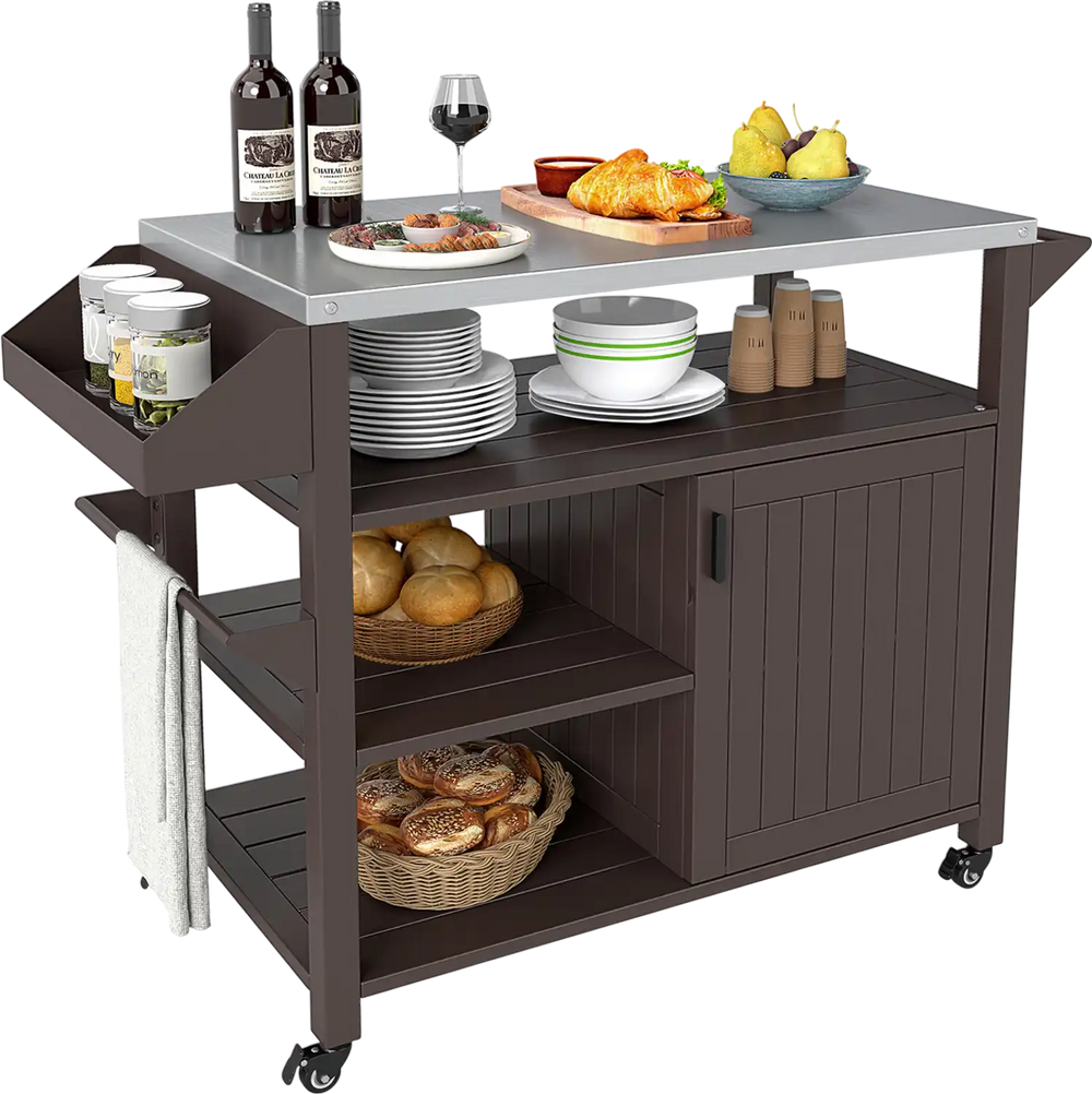 Outdoor grill cart with stainless steel top, brown finish, featuring shelves, cabinet, and ample storage for indoor or.
