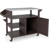 Outdoor grill cart with a stainless steel top, brown finish, featuring storage shelves and a cabinet for versatile use.
