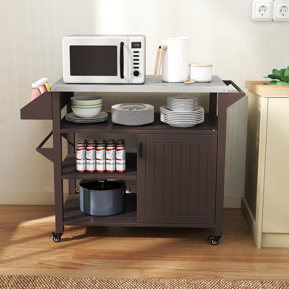 Outdoor grill cart with stainless steel top, storage cabinet, and shelves, ideal for indoor and outdoor use.