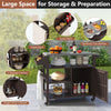 Outdoor grill cart with stainless steel top, storage cabinet, spice rack, and towel rack for versatile outdoor use.