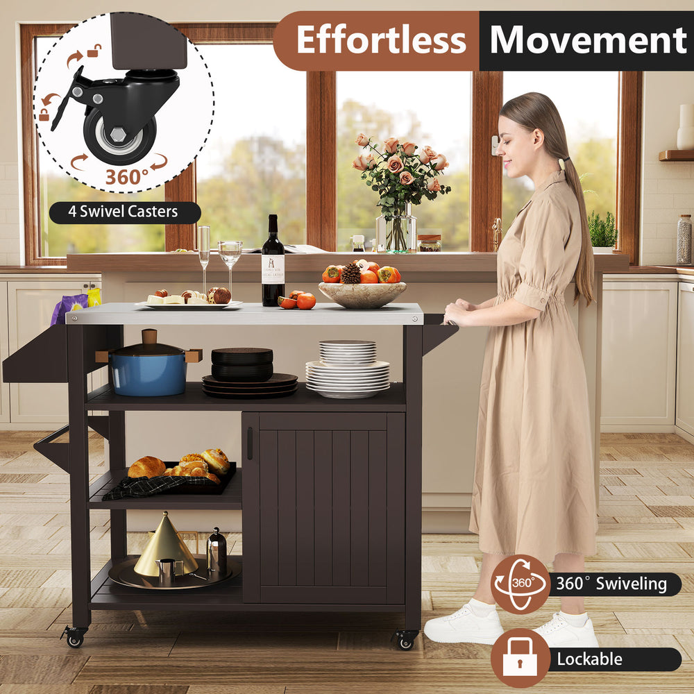 Outdoor grill cart with stainless steel top, storage cabinet, and 4 swivel casters for effortless movement and.