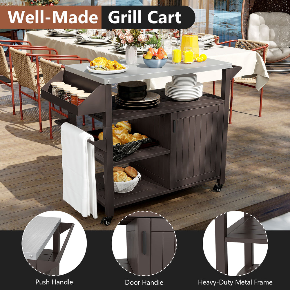 Outdoor grill cart with stainless steel top, storage shelves, and towel rack, perfect for indoor and outdoor use.