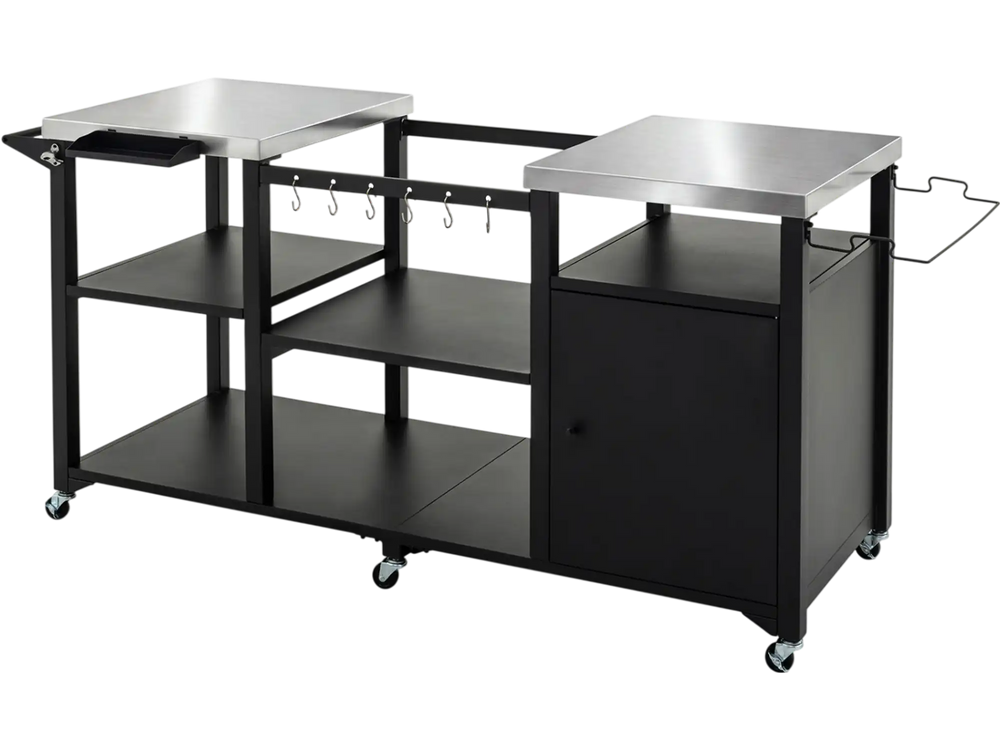 Outdoor grill cart with stainless steel tabletops, ample storage, and hooks, designed for easy mobility and outdoor cooking.