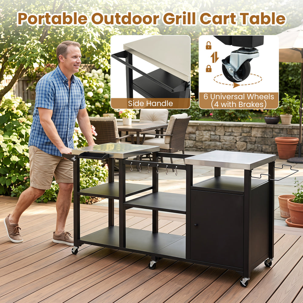 Portable outdoor grill cart with stainless steel tabletops, hooks, and wheels for easy movement and outdoor cooking convenience.