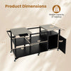 Outdoor grill cart with stainless steel tabletops, storage shelves, and hooks, designed for easy outdoor cooking and mobility.