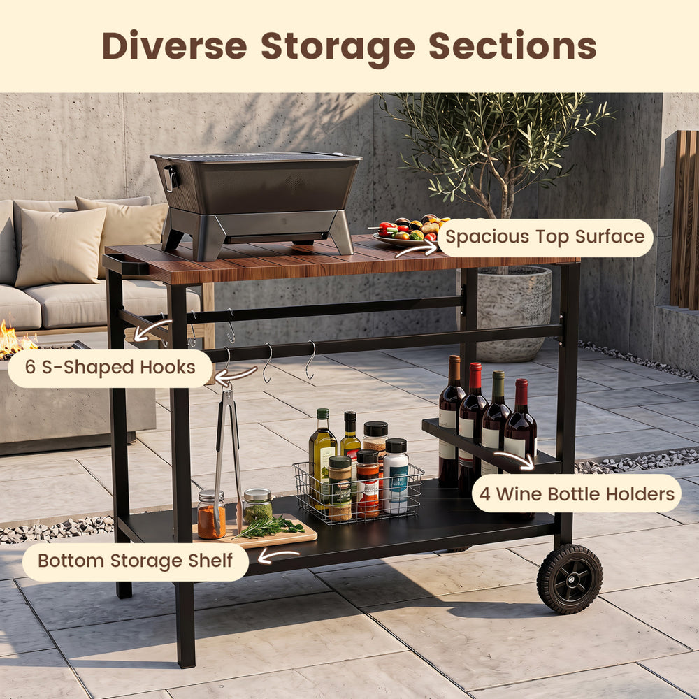 Outdoor grill cart with a stainless top, spice rack, and hooks, featuring a spacious surface and lockable wheels for stability.