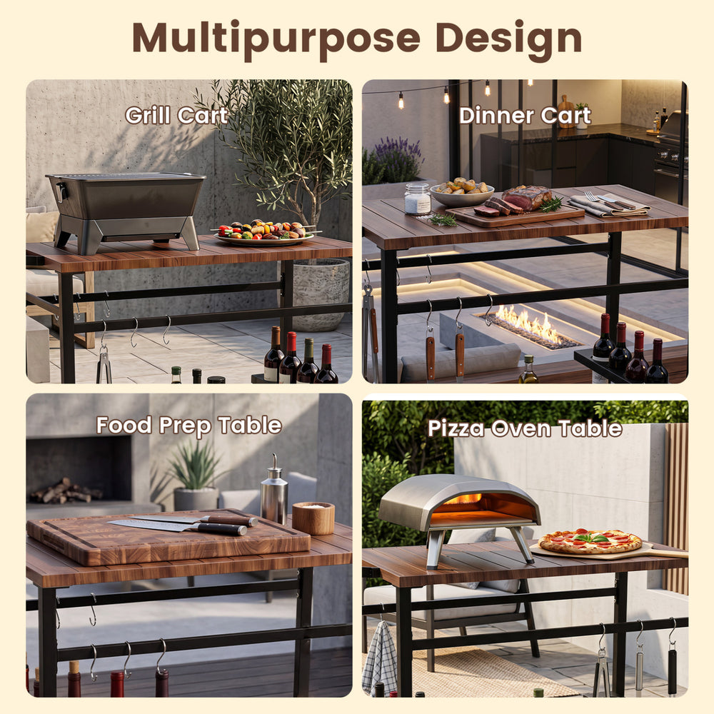 Outdoor grill cart with stainless top, spice rack, and hooks for efficient outdoor cooking and organization.