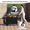 Outdoor grill cart with stainless steel top, featuring a spacious cabinet, push handle, and lockable swivel casters for mobility.
