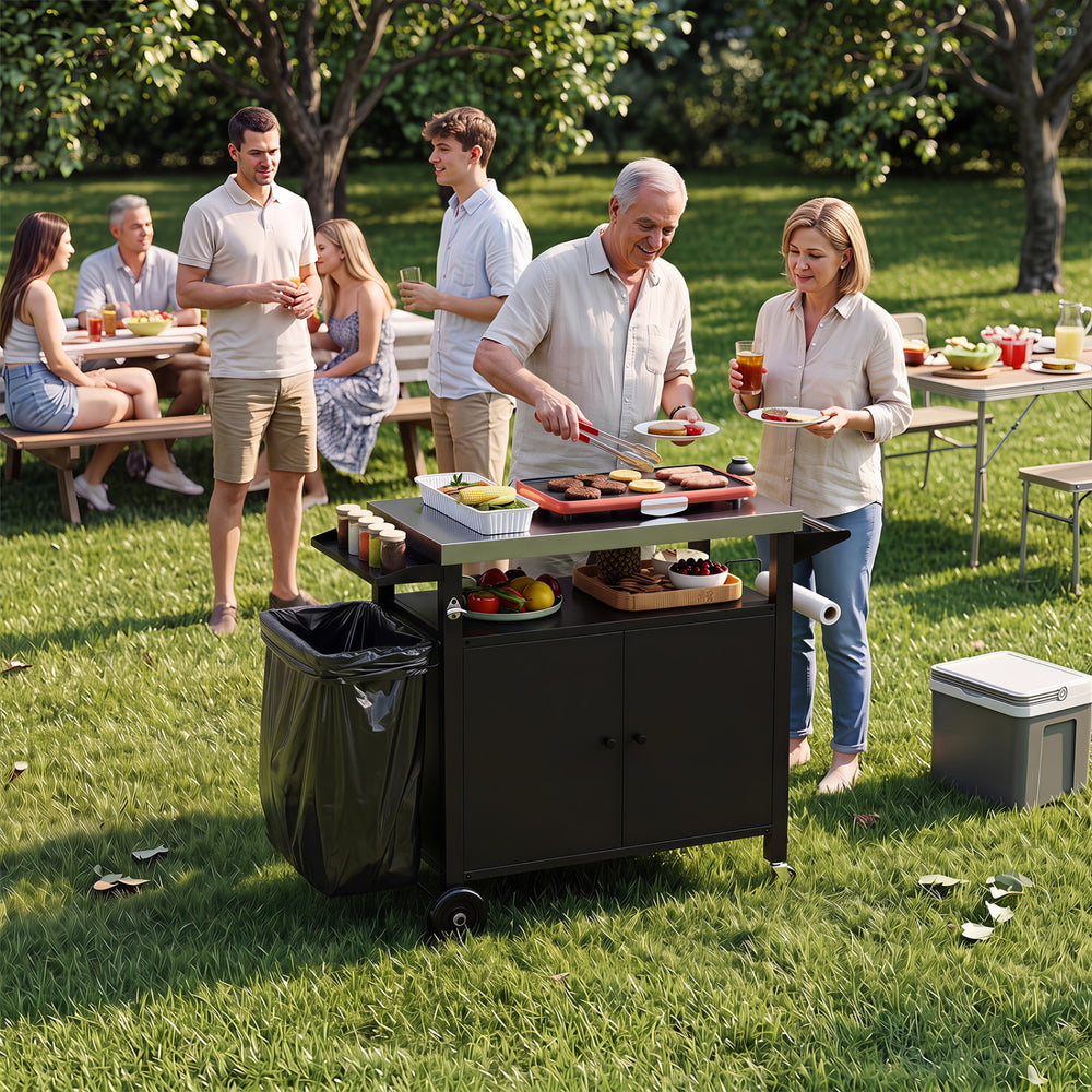 Outdoor grill cart with stainless steel top, 2-door cabinet, and spice caddy, perfect for BBQ camping and outdoor cooking.