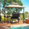 Outdoor grill gazebo with beige canopy, two side shelves, and hooks for tools, perfect for backyard grilling.