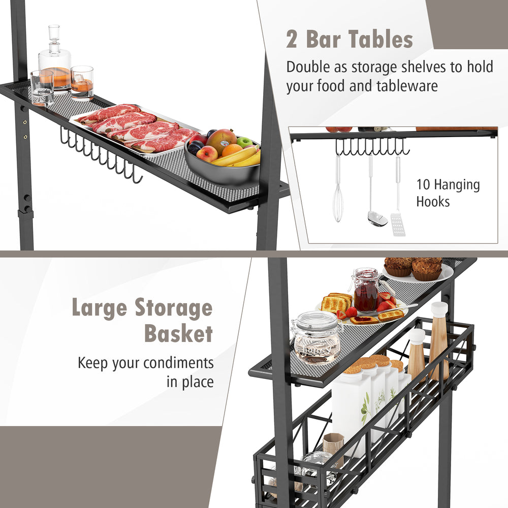 Two bar tables with a large storage basket and 10 hooks for organizing tools in the outdoor grill gazebo.
