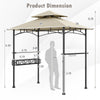 Dimensions of the 8 x 5 feet outdoor grill gazebo with beige canopy, featuring side shelves and hooks for tools.