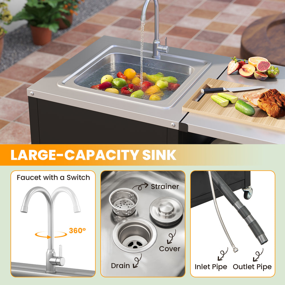 Large-capacity sink with faucet and drainage system on an outdoor grill table for easy washing and convenience.