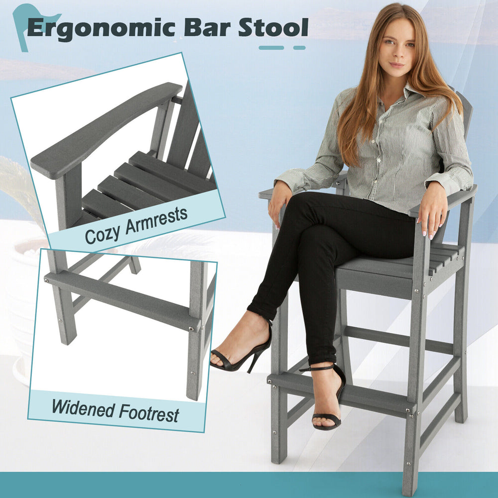 30-inch gray HDPE outdoor bar stool with cozy armrests, wider footrest, and ergonomic design for comfort.
