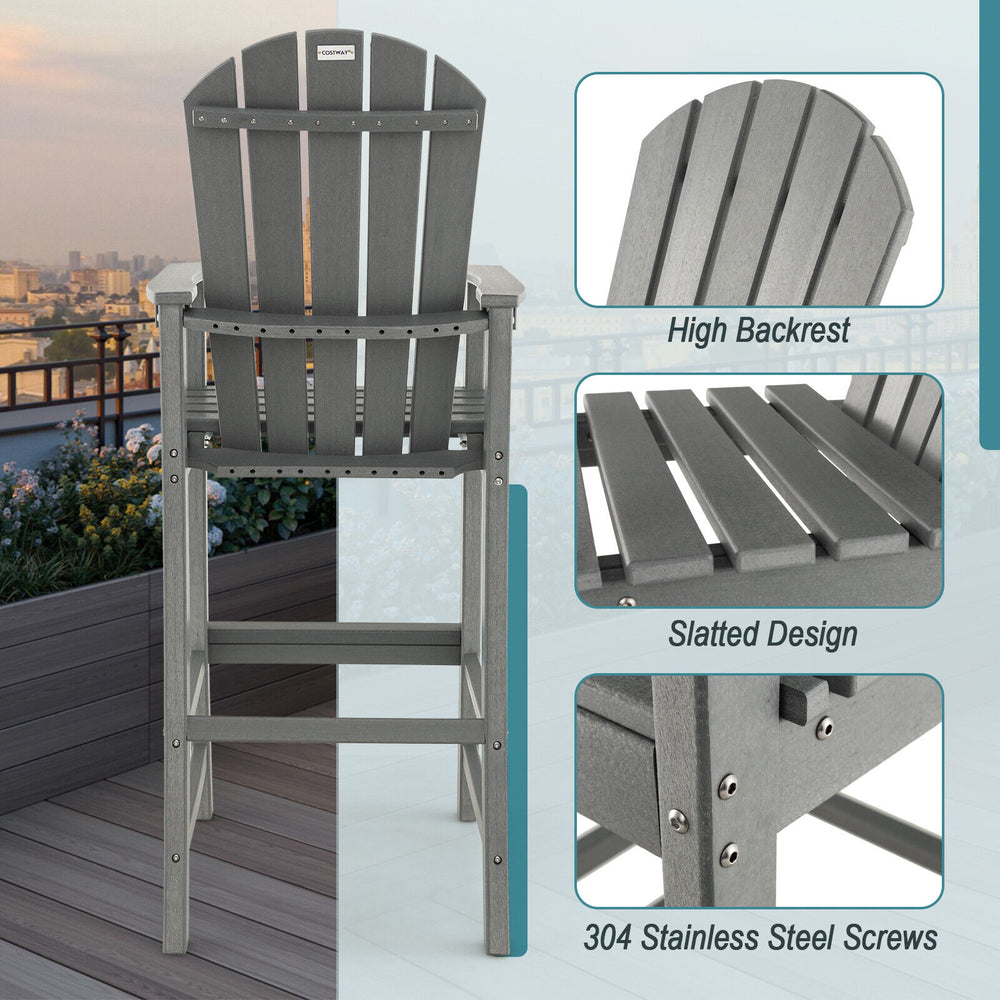 Gray 30-inch outdoor HDPE bar stool with high backrest, slatted design, and 304 stainless steel screws for durability.
