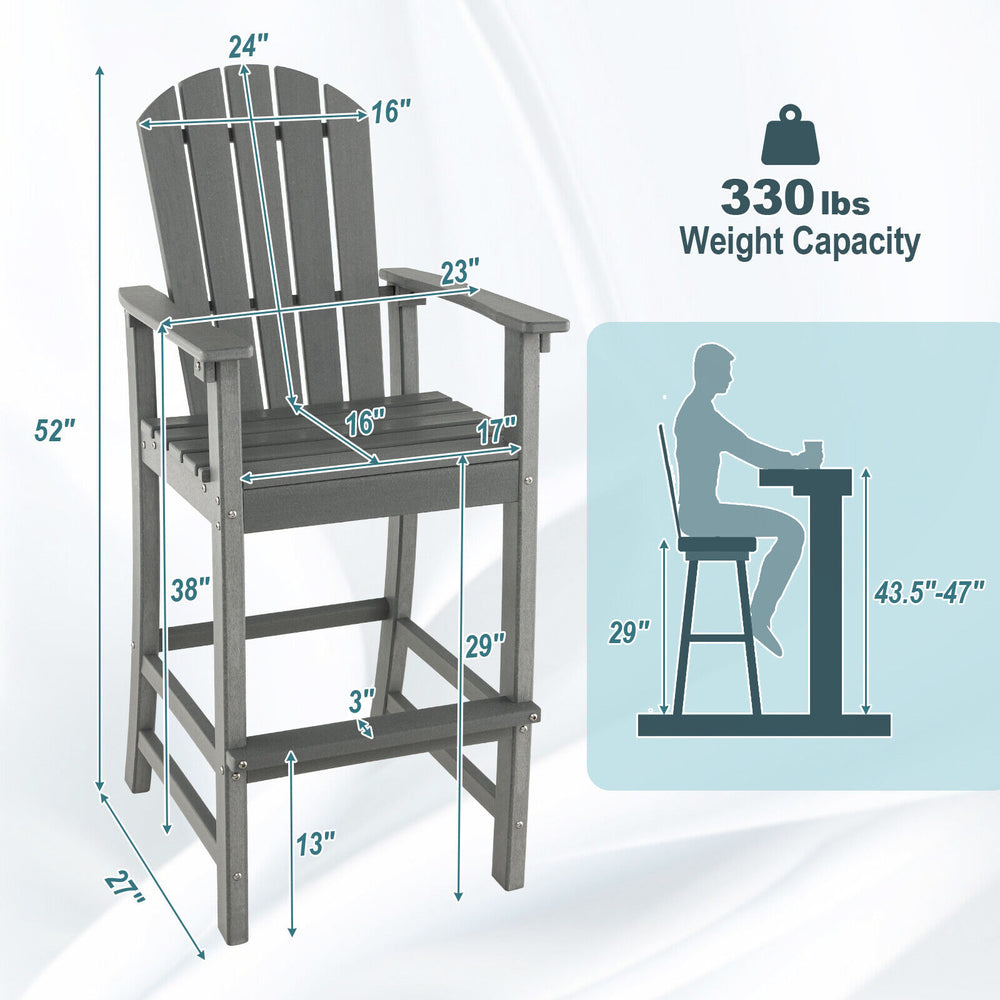 30-inch gray outdoor HDPE bar stool with armrests, footrest, and 330 lbs weight capacity, ideal for counter height.