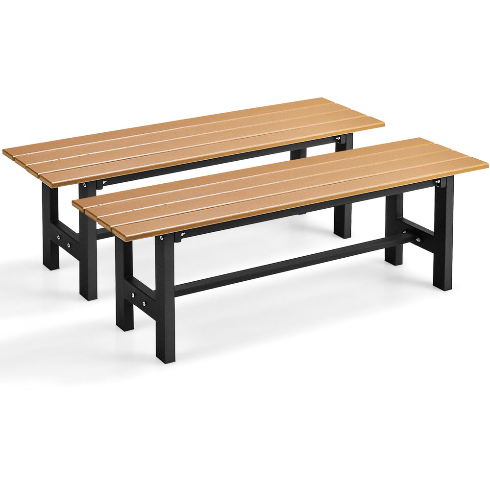 Two 47-inch outdoor benches with slatted HDPE seats and a sturdy plastic-coated iron frame for patio or garden use.