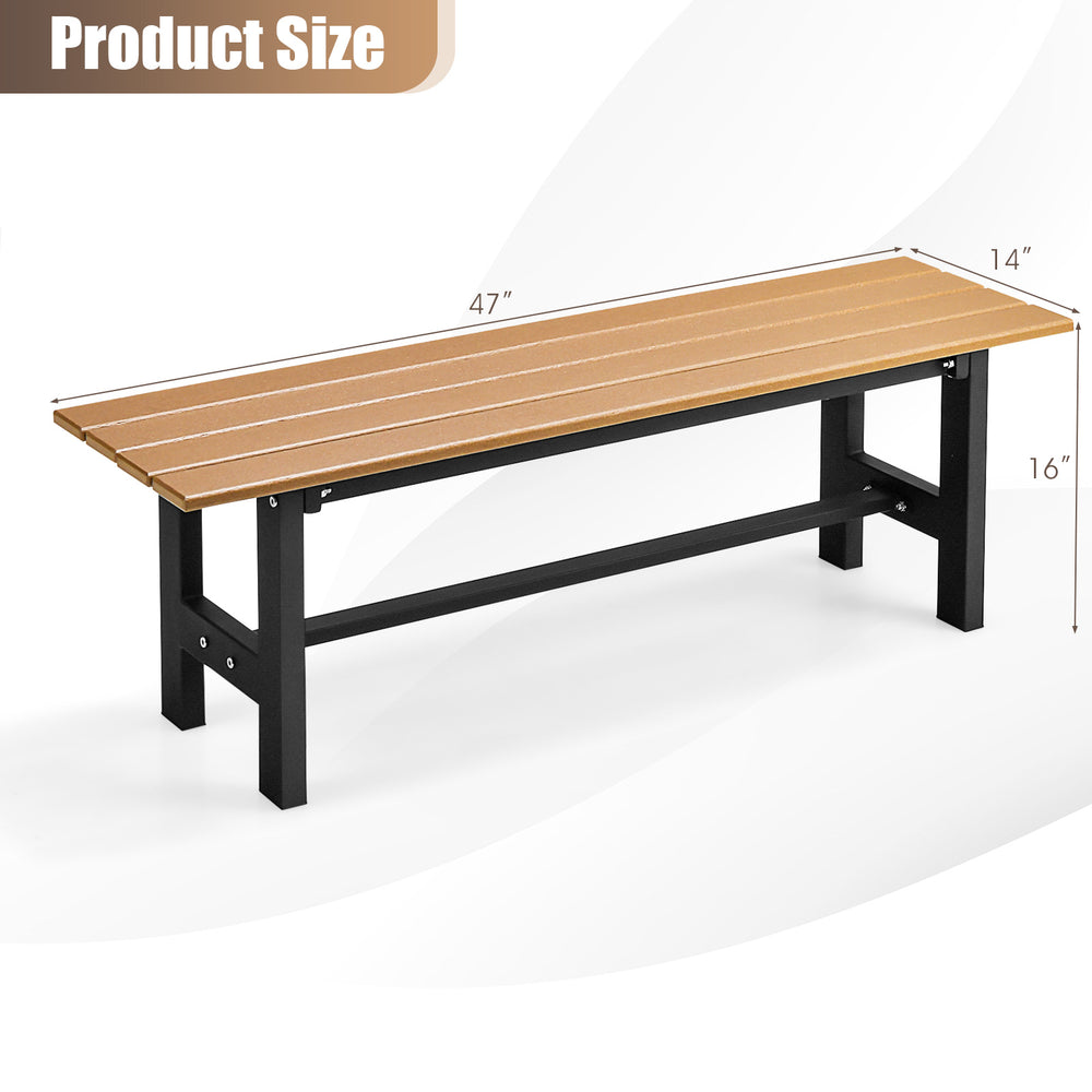 47-inch outdoor bench with slatted HDPE seat and iron frame, perfect for patio or garden seating.