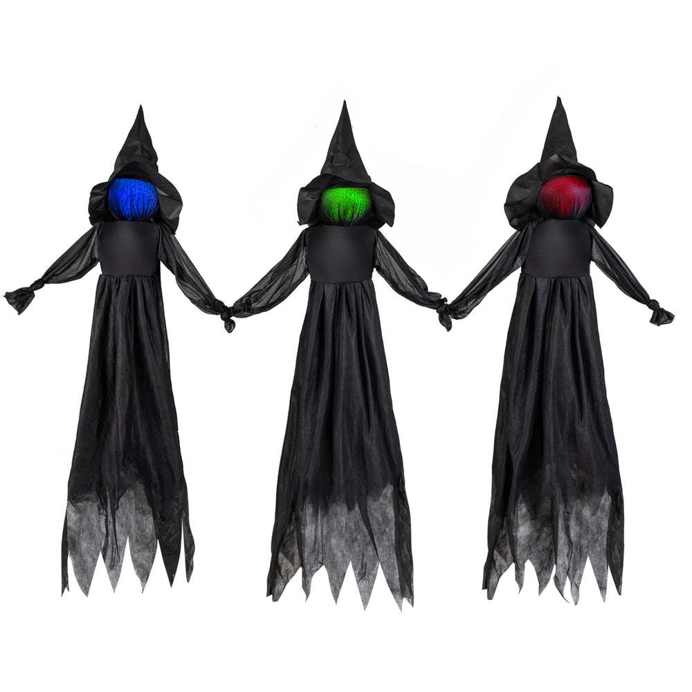 Three outdoor Halloween witch decorations feature LED lighted faces, black fabric, and a faceless design for spooky appeal.