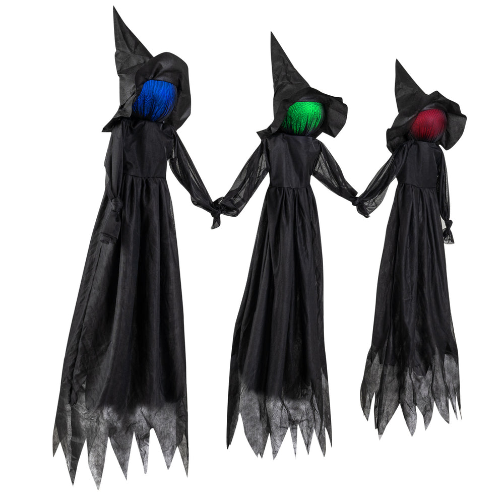 Three outdoor Halloween witch decorations with faceless designs and vibrant LED lighted heads, perfect for spooky displays.