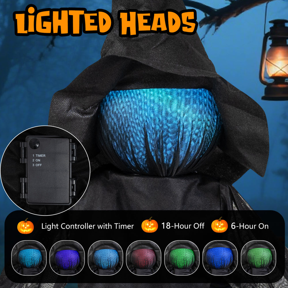 Outdoor Halloween witch decoration features a faceless design with LED lighted head and wear-resistant fabric for long-lasting use.
