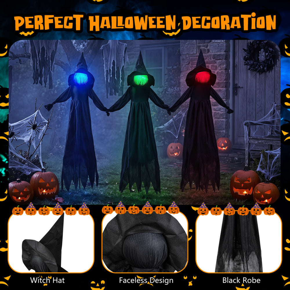 Outdoor Halloween witch decoration with LED lighted face, faceless design, and wear-resistant fabric for yard displays.