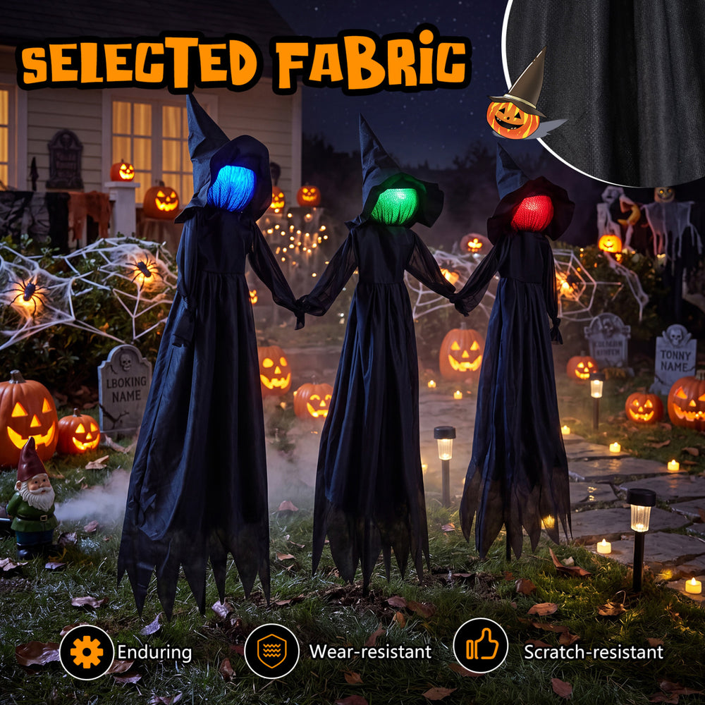 Three outdoor Halloween witch decorations feature LED lighted faces, wear-resistant fabric, perfect for yard displays.