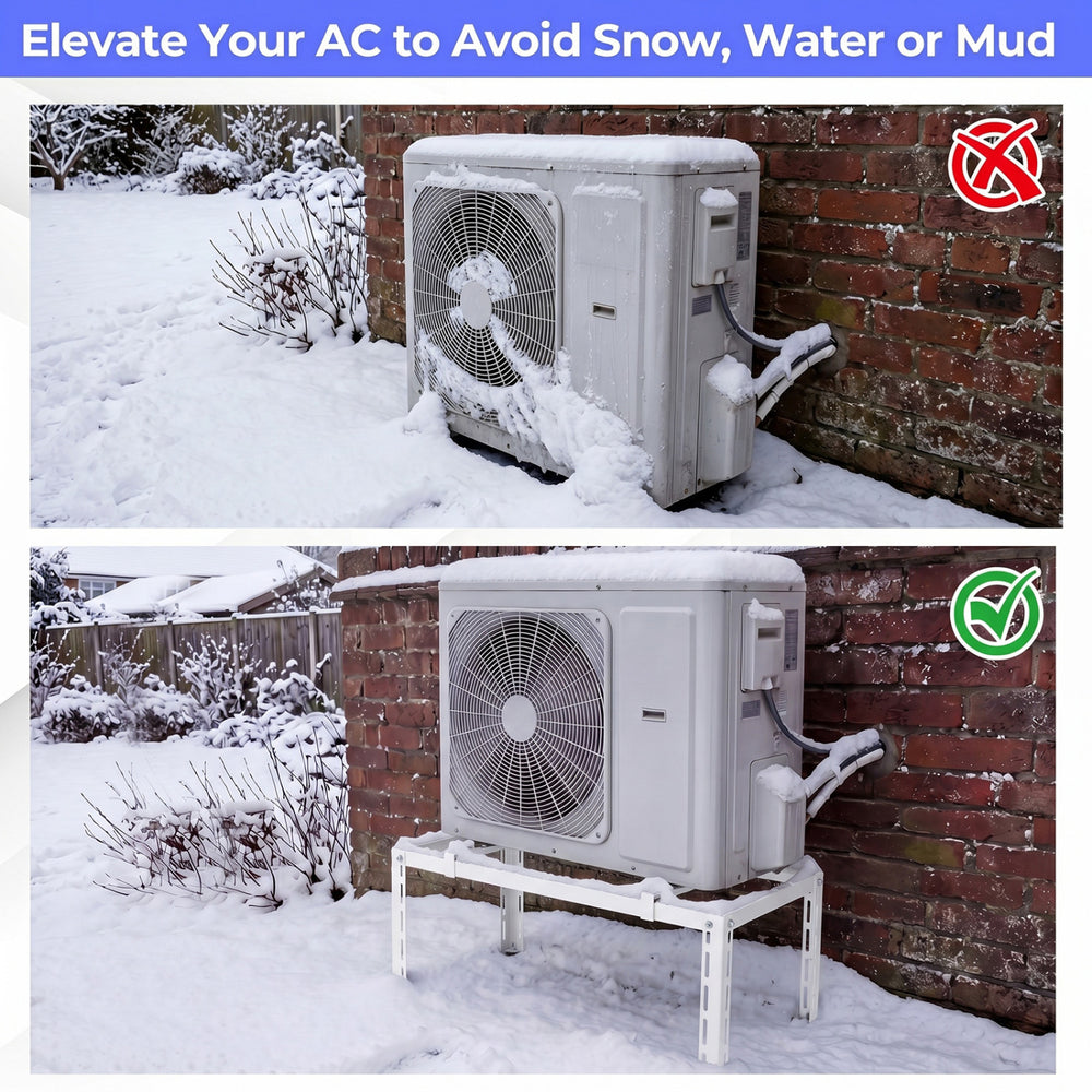 Outdoor heavy-duty AC base elevates ductless air conditioners for protection from snow, water, and debris with adjustable support.