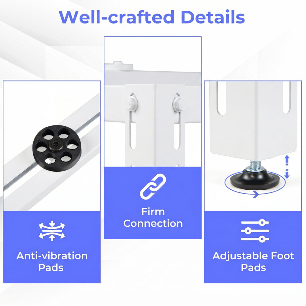 Detailed view of adjustable foot pads and anti-vibration pads on a heavy-duty AC base for ductless air conditioners.