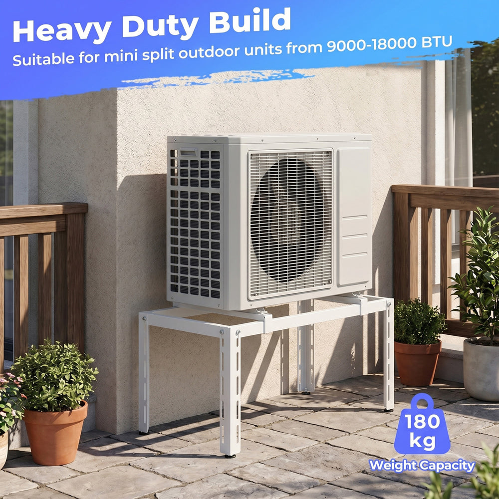 Outdoor heavy-duty AC base for 9000-36000 BTU units, featuring a stable metal frame and adjustable foot pads for leveling.
