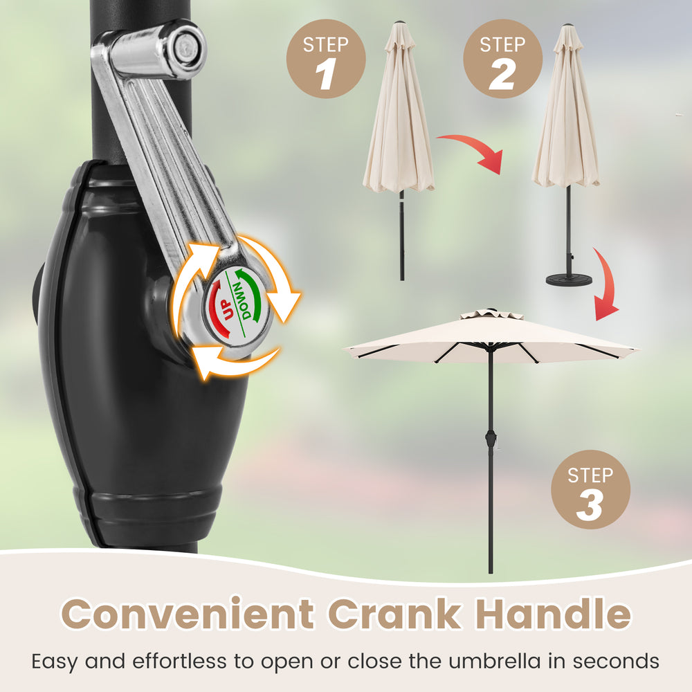 Outdoor heavy-duty market umbrella with crank handle, beige polyester canopy, and 8 sturdy ribs for stability.