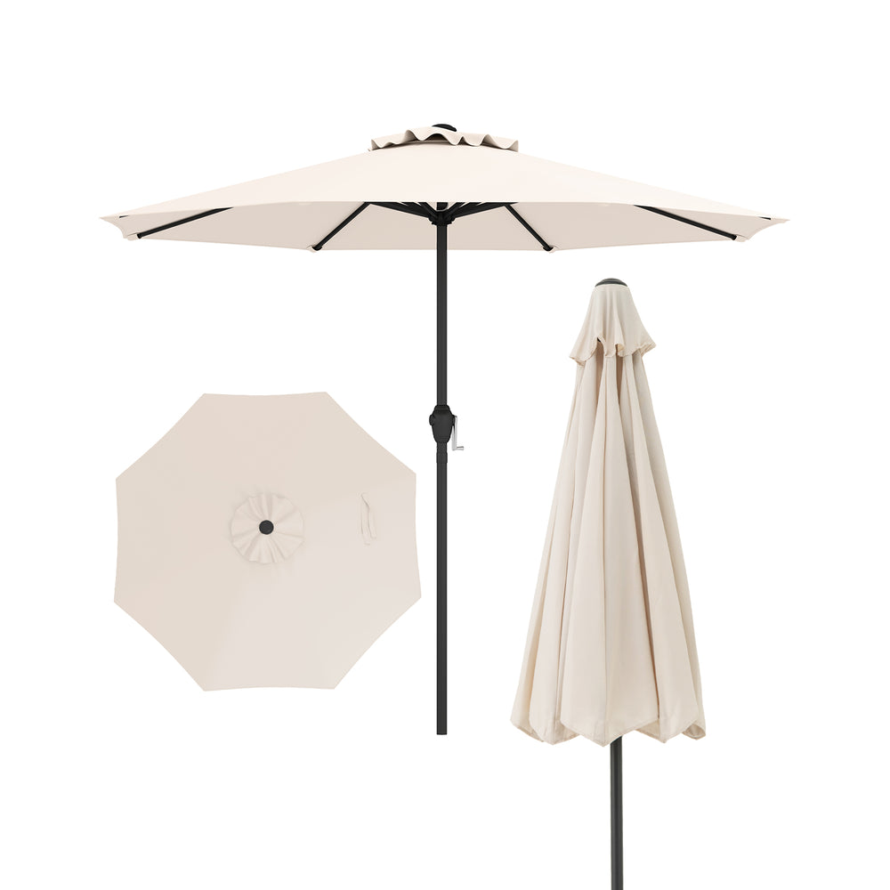Outdoor heavy-duty market umbrella in beige with crank handle, featuring a sturdy metal frame and 8 ribs for stability.