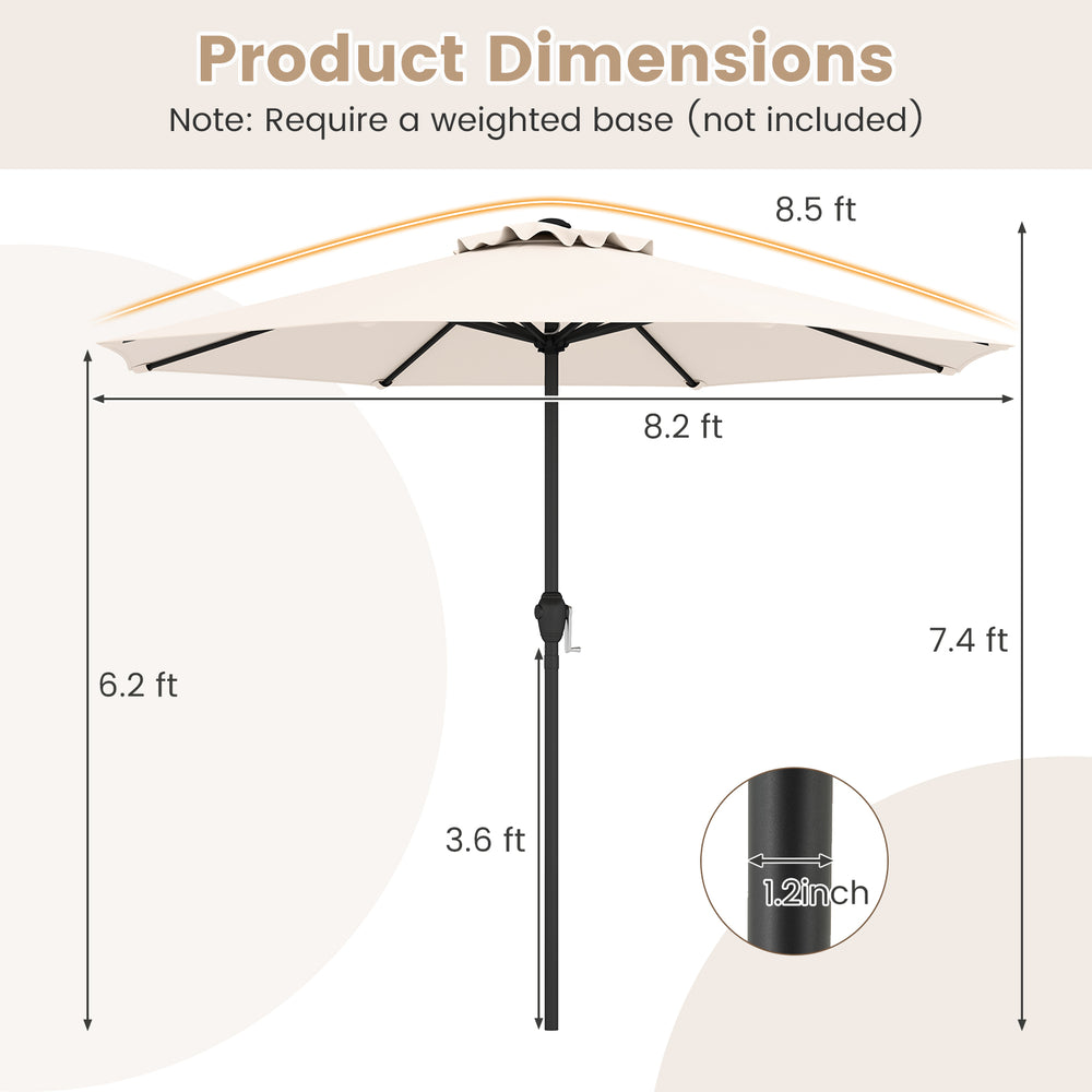 Outdoor heavy-duty market umbrella dimensions with beige polyester canopy and metal frame for backyard or beach use.