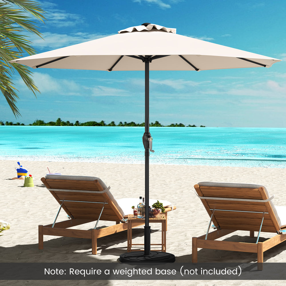 Beige outdoor market umbrella with crank handle and 8 sturdy ribs, ideal for beach or backyard relaxation.