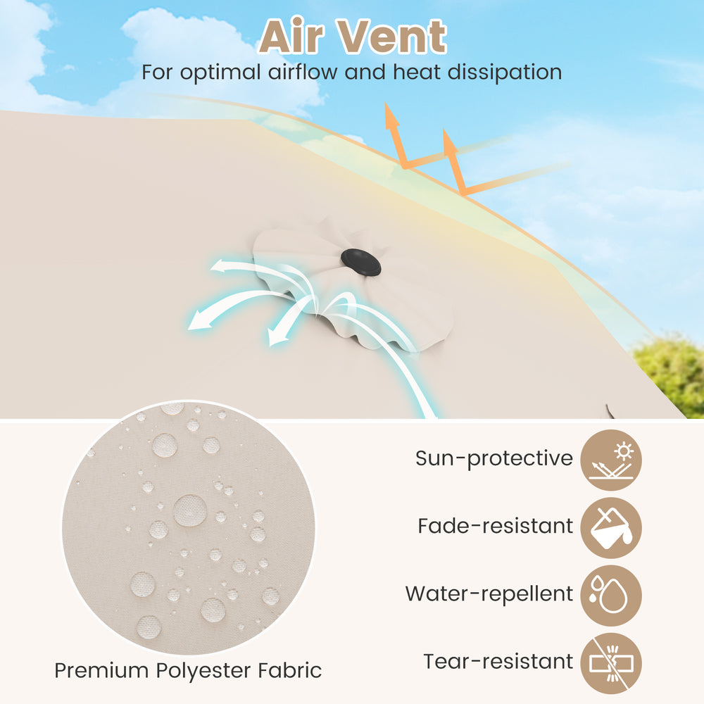 Air vent detail of the Outdoor Heavy Duty Market Umbrella in beige, featuring premium polyester fabric for sun.