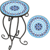 Round accent table with cobalt blue mosaic top and black steel frame, perfect for indoor or outdoor plant display.