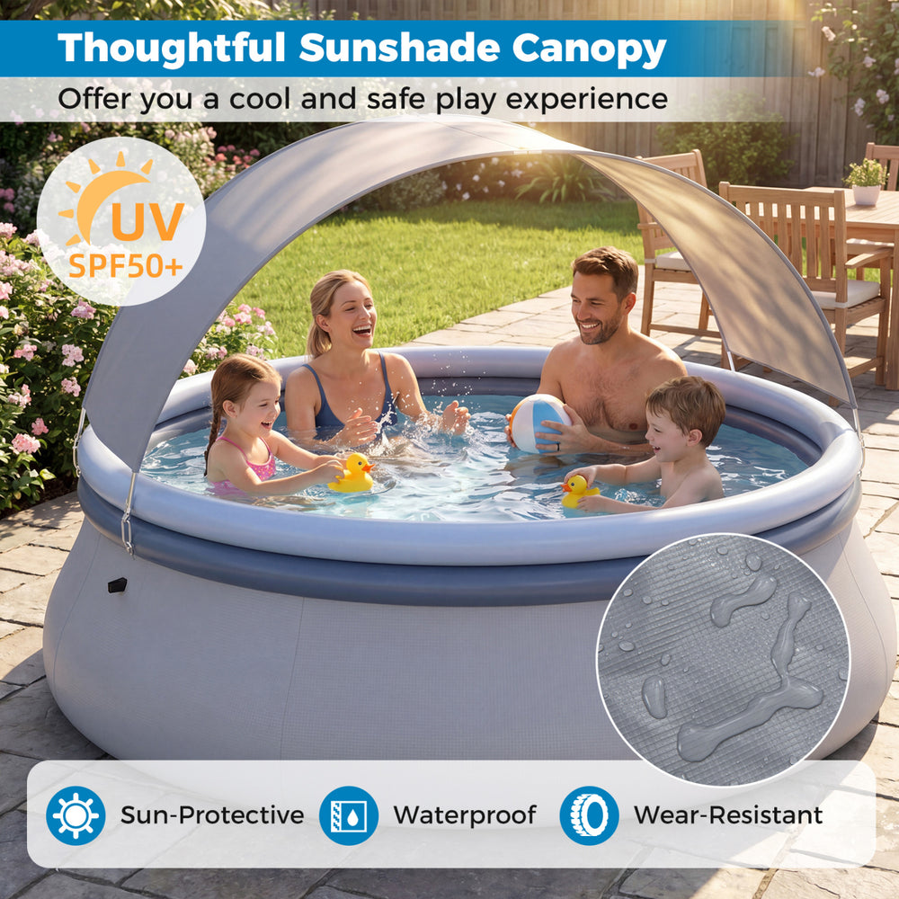 Outdoor inflatable pool with UPF 50+ sunshade canopy, ideal for family fun and relaxation in backyards or patios.