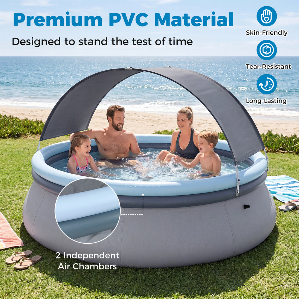 Outdoor inflatable pool with sunshade canopy, made of tear-resistant PVC, perfect for family fun in the backyard.
