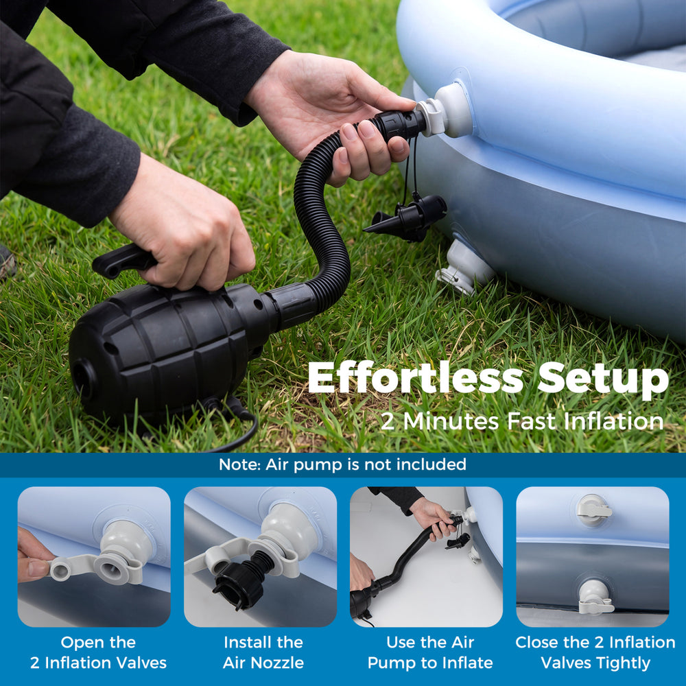 Inflatable outdoor pool with sunshade canopy, featuring quick 2-minute inflation and tear-resistant PVC for summer fun.