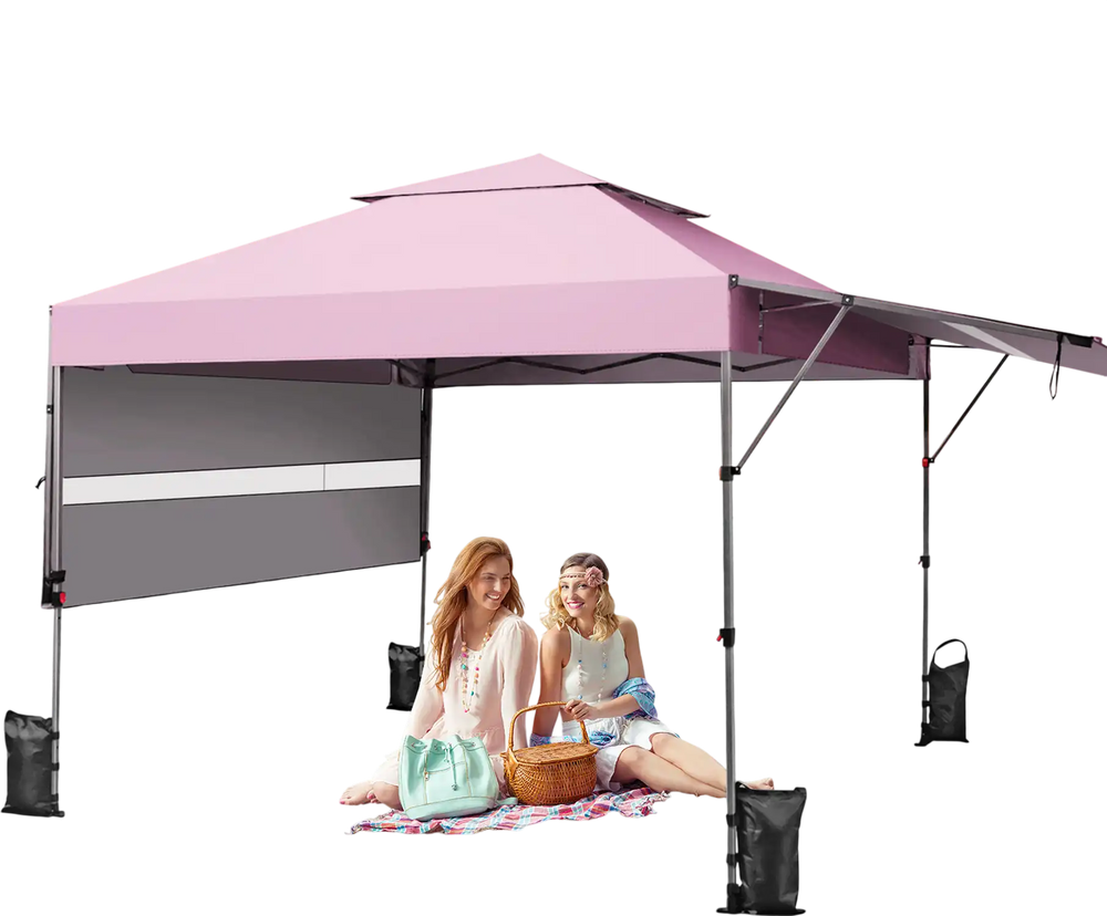 Outdoor instant pop-up canopy tent in pink with dual side awnings, ideal for beach picnics and sun protection.
