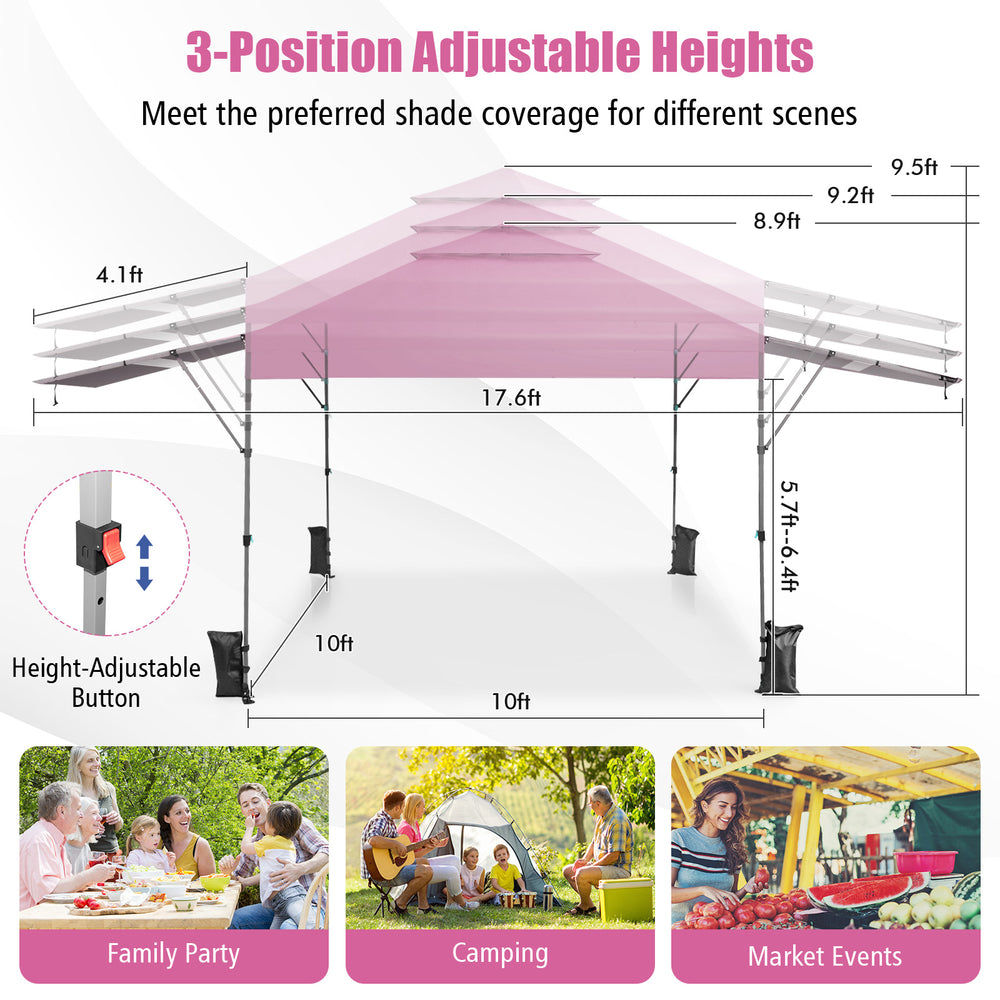 10 x 17.6 feet pink outdoor pop-up canopy tent with dual side awnings, adjustable height, ideal for family gatherings.