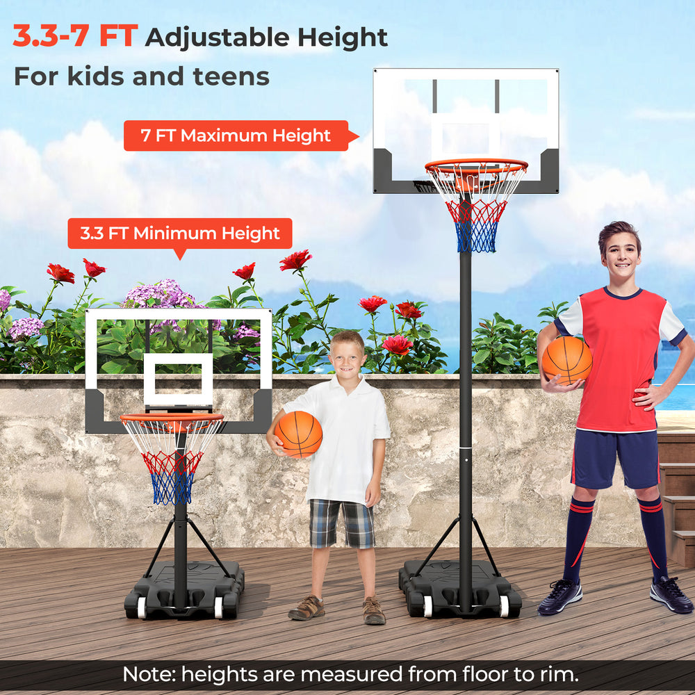 Adjustable 3.3-7 ft kids basketball hoop with shatterproof backboard, suitable for outdoor play and easy to move.