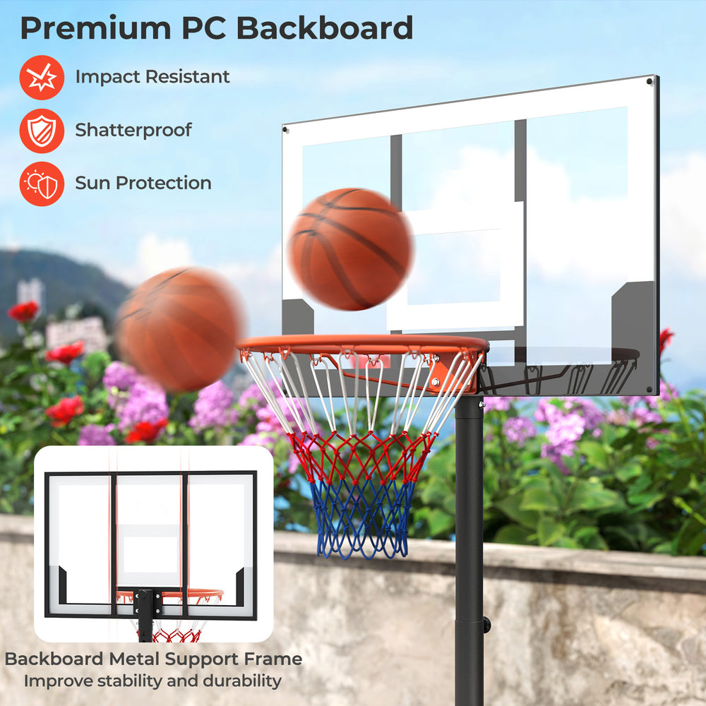 Portable adjustable basketball hoop with shatterproof PC backboard, suitable for kids, for outdoor play and stability.
