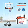 Portable adjustable basketball hoop system with a 3.3-7 ft height range, shatterproof backboard, and built-in wheels.