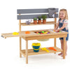 Wooden outdoor mud kitchen for kids with sink, faucet, and extended tabletop for imaginative play and organization.