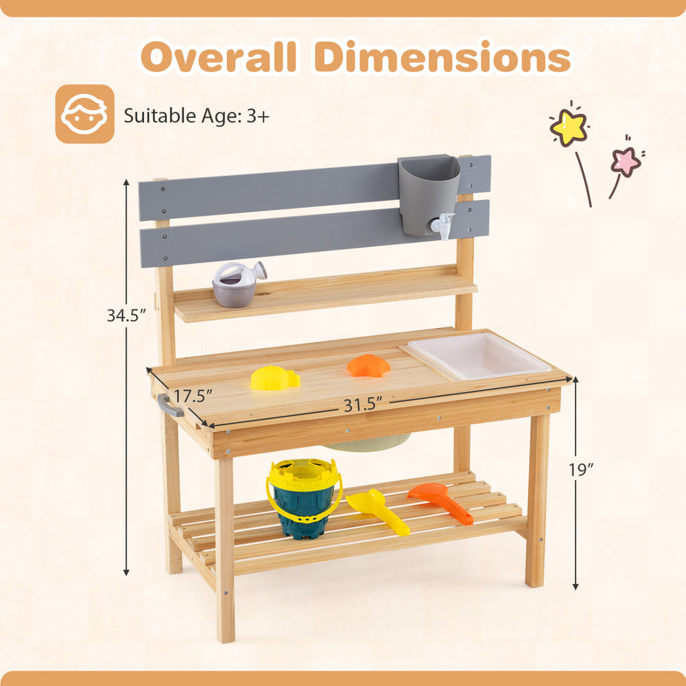 Wooden outdoor mud kitchen playset with sink, faucet, and storage shelves for kids aged 3+, perfect for imaginative.